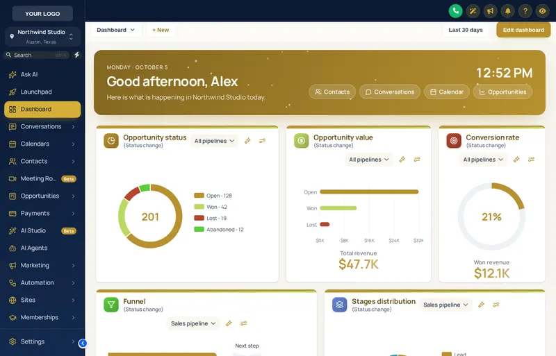 GoHighLevel sub-account dashboard in the Brand Match design, built from the Royal Navy and Gold theme colour
