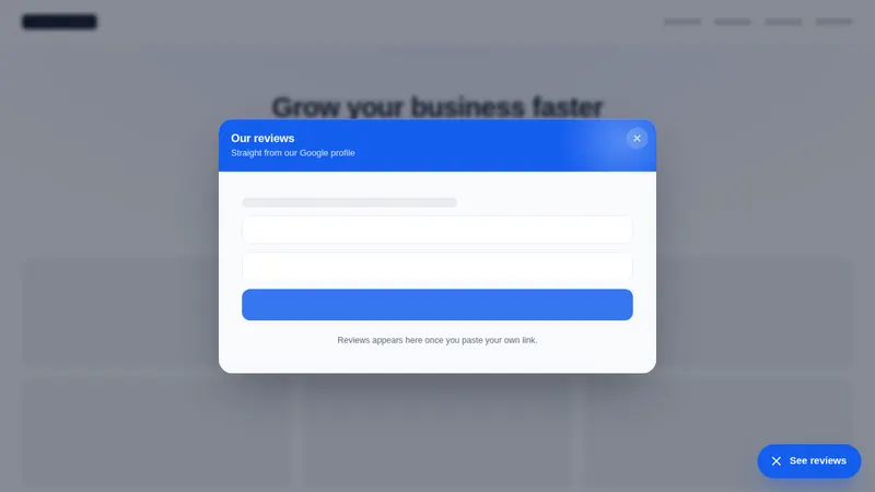 Floating GHL reviews widget open on a sample client website, showing review cards in a modal