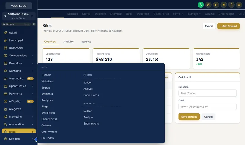 GoHighLevel sidebar with a mega menu in the Columns style open over the Sites section