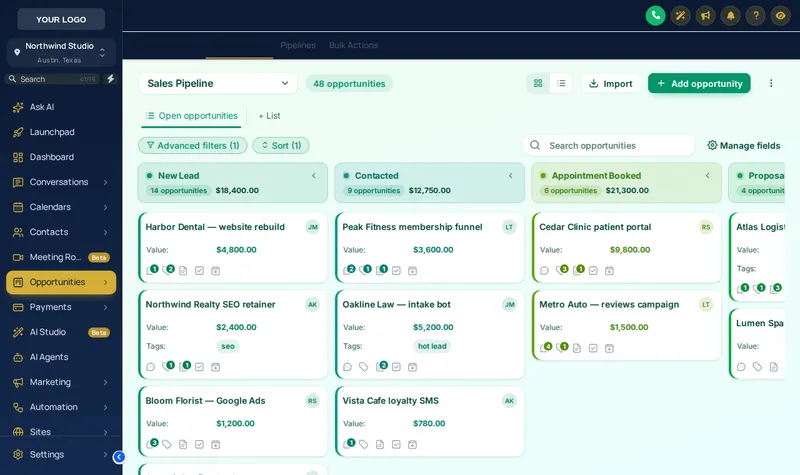 GoHighLevel opportunities board in the Emerald Calm pipeline design: soft green lanes and white cards