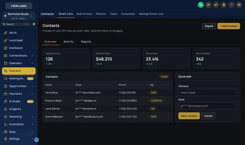 The Royal Navy and Gold theme with the Bordered Flat UI kit and dark mode switched on, shown on a GoHighLevel contacts screen