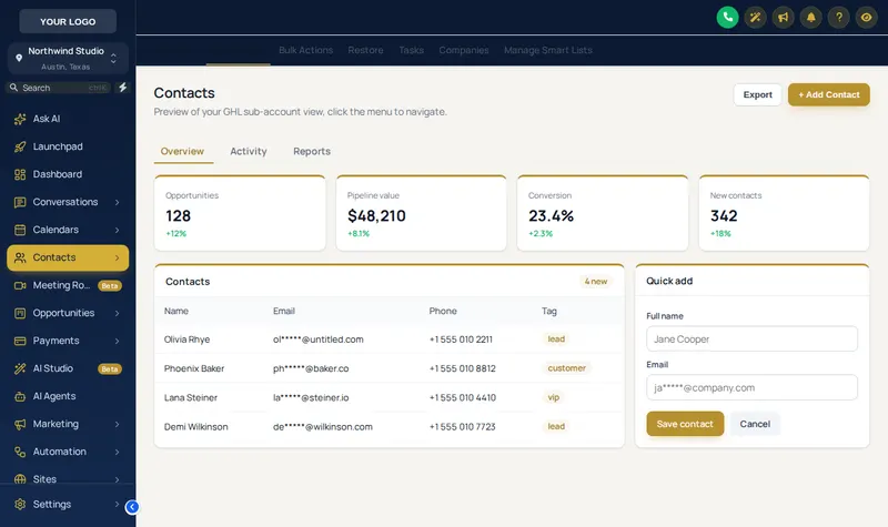 GoHighLevel contacts screen restyled with the Royal Navy and Gold theme: navy sidebar, gold active item and gold buttons